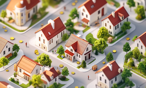 loop of houses in a community 3d with gold coins on the ground.png